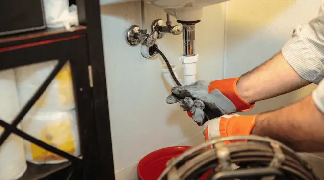 Drain cleaning technician using a motorized plumbing snake to clear a clogged sink pipe in Birmingham, AL