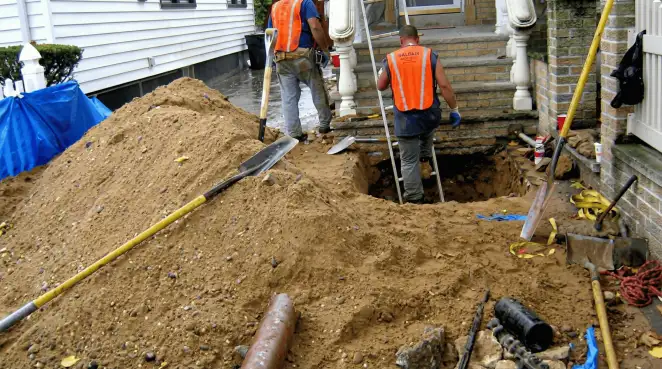 Contractors performing foundation protection and exterior drainage excavation near residential home steps in Birmingham, AL